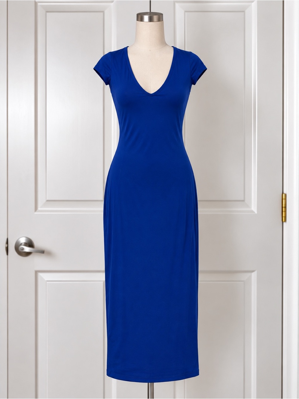 See You Monday Women’s Blue Solid V-Neck Cap Sleeve Stretch Sheath Midi L